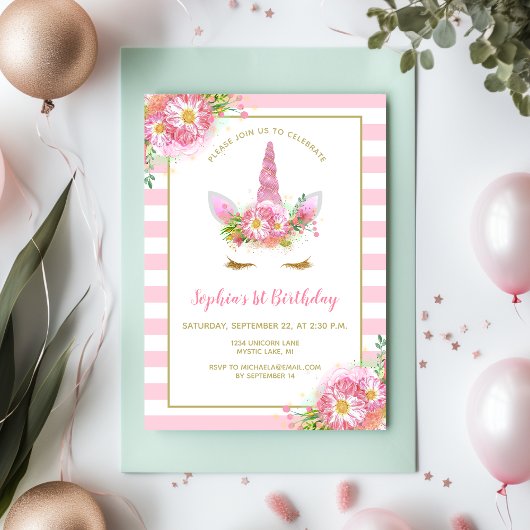 Invitation Sweet Rose Unicorn Visage Fille Anniversaire