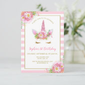 Invitation Sweet Rose Unicorn Visage Fille Anniversaire (Debout devant)