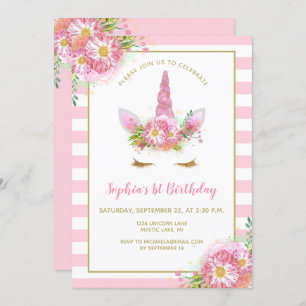 Invitation Sweet Rose Unicorn Visage Fille Anniversaire