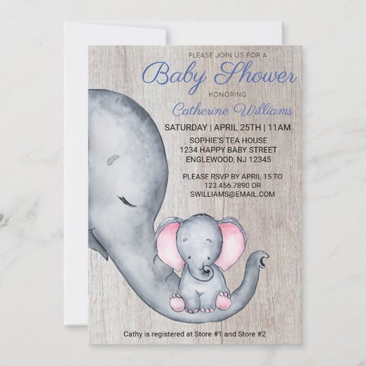 Invitation Sweet Rustic Elephant Baby shower bleu garçon (Devant)
