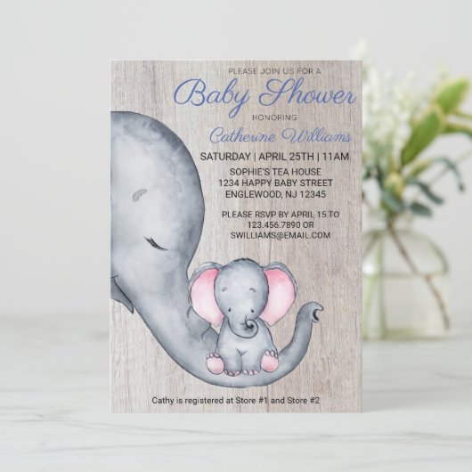 Invitation Sweet Rustic Elephant Baby shower bleu garçon (Debout devant)