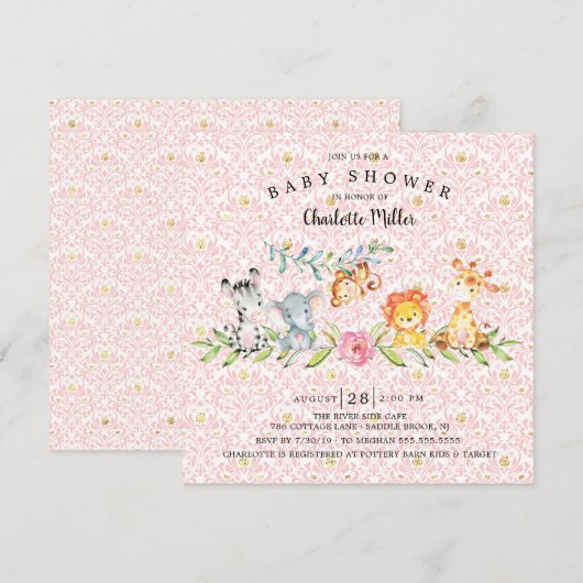 Invitation Sweet Safari Animaux Filles Baby shower (Devant / Derrière)