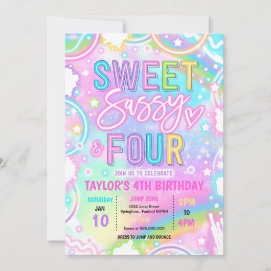 Invitation Sweet Sassy And Four Neon Rainbow 4th Birthday (Devant)