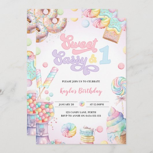 Invitation Sweet Sassy et One Pastel Candy premier anniversai (Devant / Derrière)