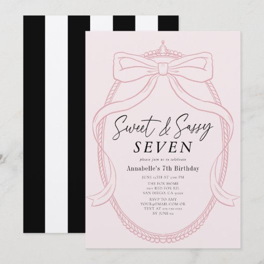 Invitation Sweet & Sassy Rose Tiara & Bow Girl Anniversaire (Devant / Derrière)