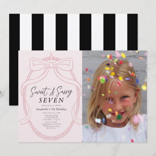 Invitation Sweet & Sassy rose Tiara & Bow Girl Photo Annivers (Devant / Derrière)