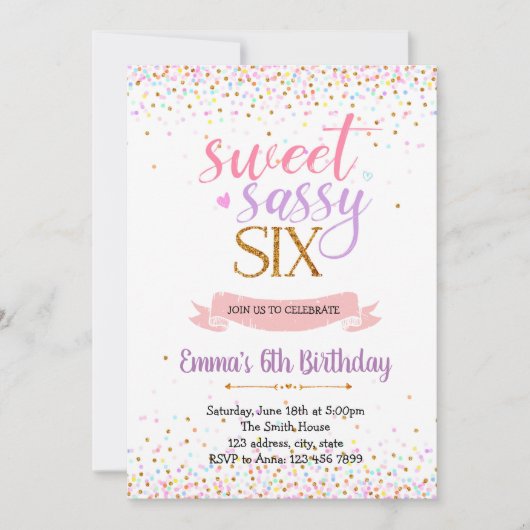 Invitation Sweet sassy six anniversaire thème de fête invitat (Devant)