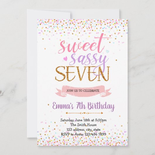 Invitation Sweet sassy thème de fête de sept ans (Devant)