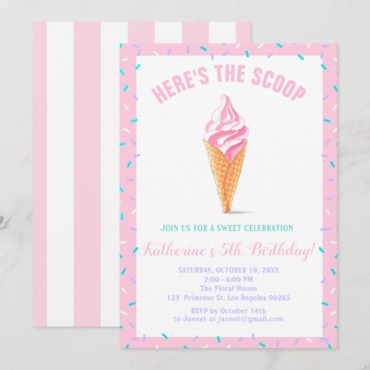Invitation Sweet Scoop Baby Sprinkle Candy shoppe Anniversair (Devant / Derrière)