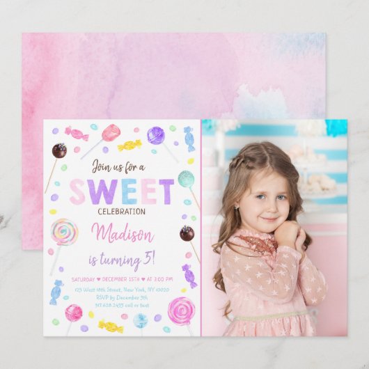Invitation Sweet Shop Lollipop Candy Anniversaire (Devant / Derrière)
