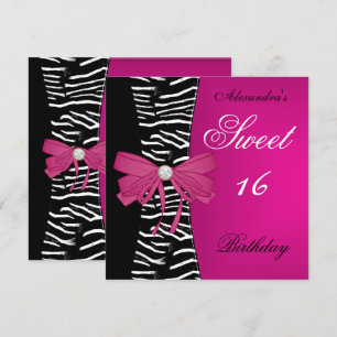Invitation Sweet Sixteen 16 16e Rose Clair Rayé Noir Nœud