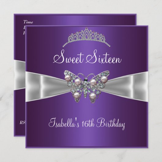 Invitation Sweet sixteen 16 Anniversaire Argent Bow pourpre T (Devant / Derrière)