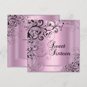 Invitation Sweet sixteen 16 Anniversaire Fête Rose Noir Flora