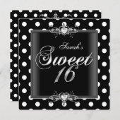 Invitation Sweet sixteen 16 Anniversaire Noir Blanc Points (Devant / Derrière)