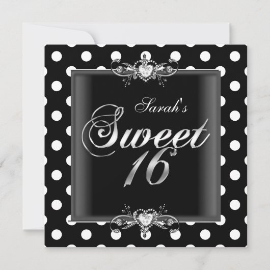 Invitation Sweet sixteen 16 Anniversaire Noir Blanc Points (Devant)