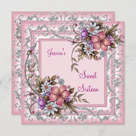 Invitation Sweet sixteen 16 Anniversaire Plutôt rose Floral 2 (Devant / Derrière)