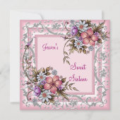 Invitation Sweet sixteen 16 Anniversaire Plutôt rose Floral 2 (Devant)