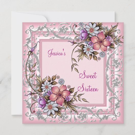 Invitation Sweet sixteen 16 Anniversaire Plutôt rose Floral 2 (Devant)