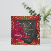 Invitation Sweet sixteen 16 Anniversaire Robe Rouge or (Debout devant)