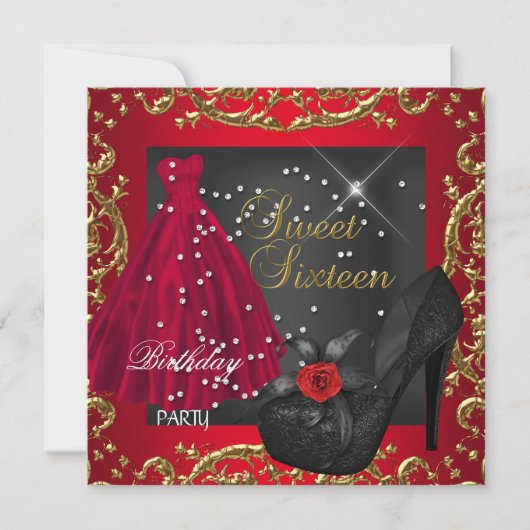 Invitation Sweet sixteen 16 Anniversaire Robe Rouge or (Devant)