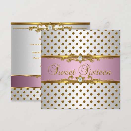 Invitation Sweet Sixteen 16 Anniversaire Rose Blanc Tache Dor (Devant / Derrière)