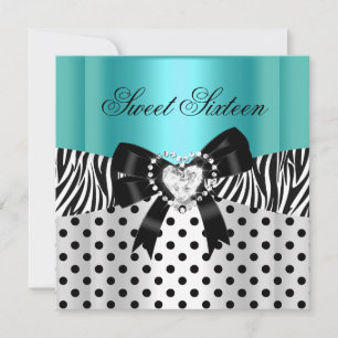 Invitation Sweet sixteen 16 Anniversaire Turquoise Zèbre Pois