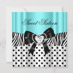 Invitation Sweet sixteen 16 Anniversaire Turquoise Zèbre Pois