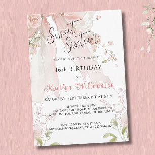 Invitation Sweet Sixteen 16 Ans Ruban Rose Floral