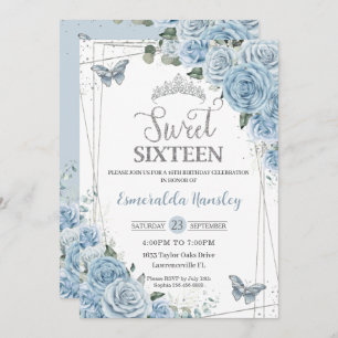 Invitation Sweet sixteen 16 Bébé Bleu papillons floraux 16e