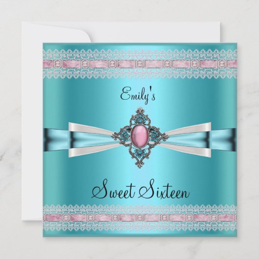 Invitation Sweet sixteen 16 Blanc Turquoise Rose (Devant)