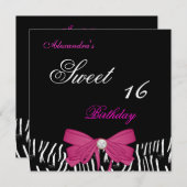 Invitation Sweet sixteen 16 Bright rose Zebra Black Bow (Devant / Derrière)