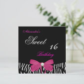 Invitation Sweet sixteen 16 Bright rose Zebra Black Bow (Debout devant)