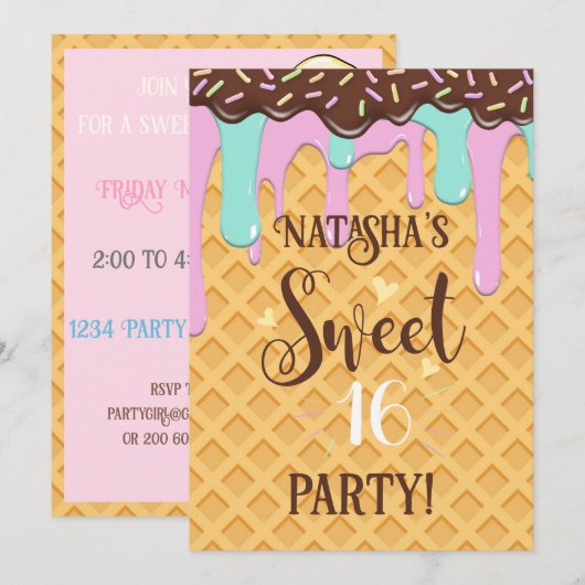 Invitation Sweet sixteen 16 cône de gaufre séché (Devant / Derrière)