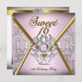 Invitation Sweet sixteen 16 Damask Or Rose Blanc Argent (Devant / Derrière)