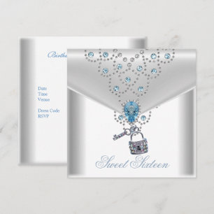 Invitation Sweet Sixteen 16 Élégant Bijou Blanc Argent Bleu