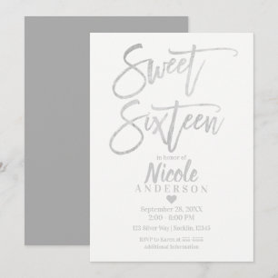 Invitation SWEET SIXTEEN 16 Élégant papier métallisé gris arg