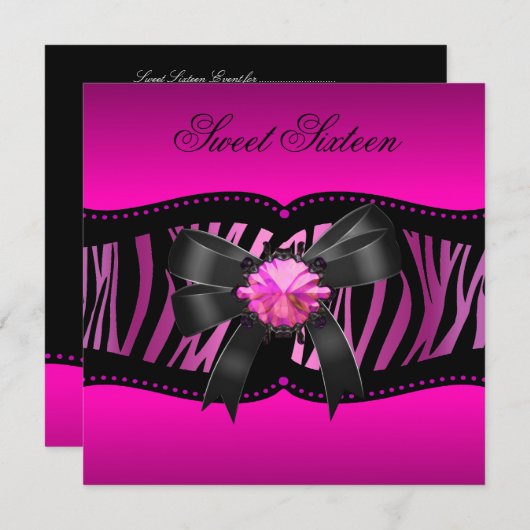 Invitation Sweet sixteen 16 fête d'anniversaire Zebra rose No (Devant / Derrière)