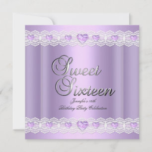 Invitation Sweet Sixteen 16 Fête Violet Argent Lilac Cœurs