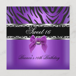 Invitation Sweet sixteen 16 Léopard noir en argent violet Zèb