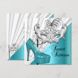 Invitation Sweet sixteen 16 Masque Turquoise en argent 2