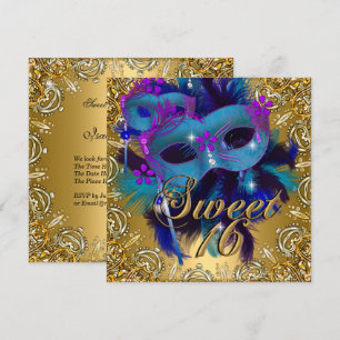 Invitation Sweet Sixteen 16 Masquerade Bleu Or Violet