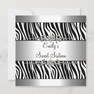 Invitation Sweet sixteen 16 Noir Blanc Zèbre Argent Anniversa