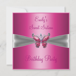 Invitation Sweet sixteen 16 Papillon en argent rose Anniversa