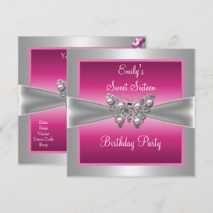 Invitation Sweet sixteen 16 Papillon en argent rose Anniversa