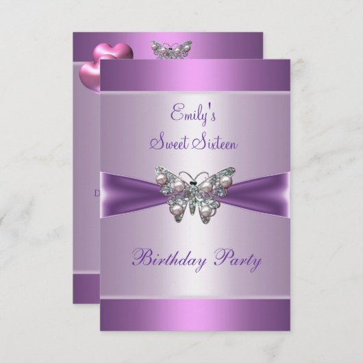 Invitation Sweet sixteen 16 Papillon perle mauve mauve 2 (Devant / Derrière)