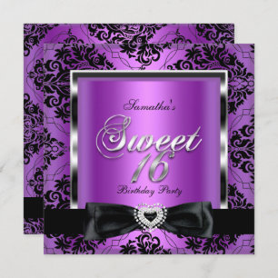 Invitation Sweet sixteen 16 Partie Purple Damask Argent Noir