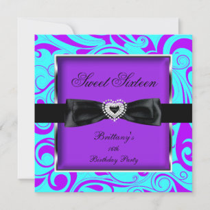 Invitation Sweet sixteen 16 Partie Purple Turquoise Swirl