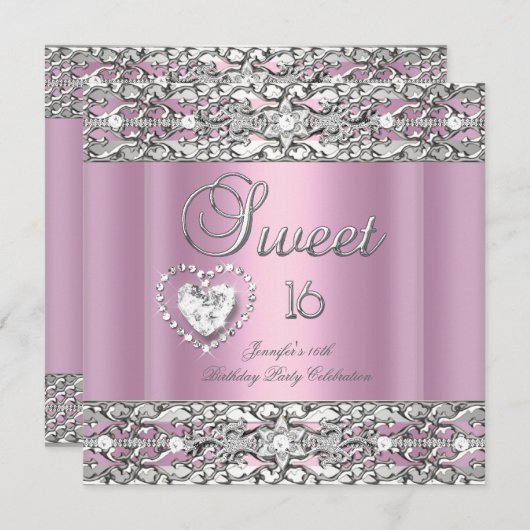 Invitation Sweet sixteen 16 Partie Rose Silver Diamond (Devant / Derrière)