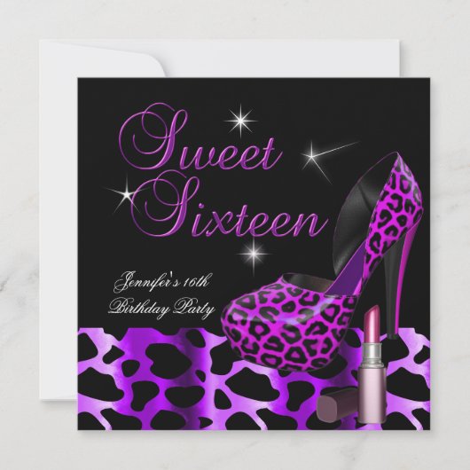 Invitation Sweet sixteen 16 Party Leopard Chaussure Lipstick (Devant)
