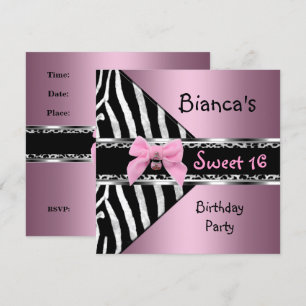 Invitation Sweet Sixteen 16 Rose Argent Noir Zèbre Léopard